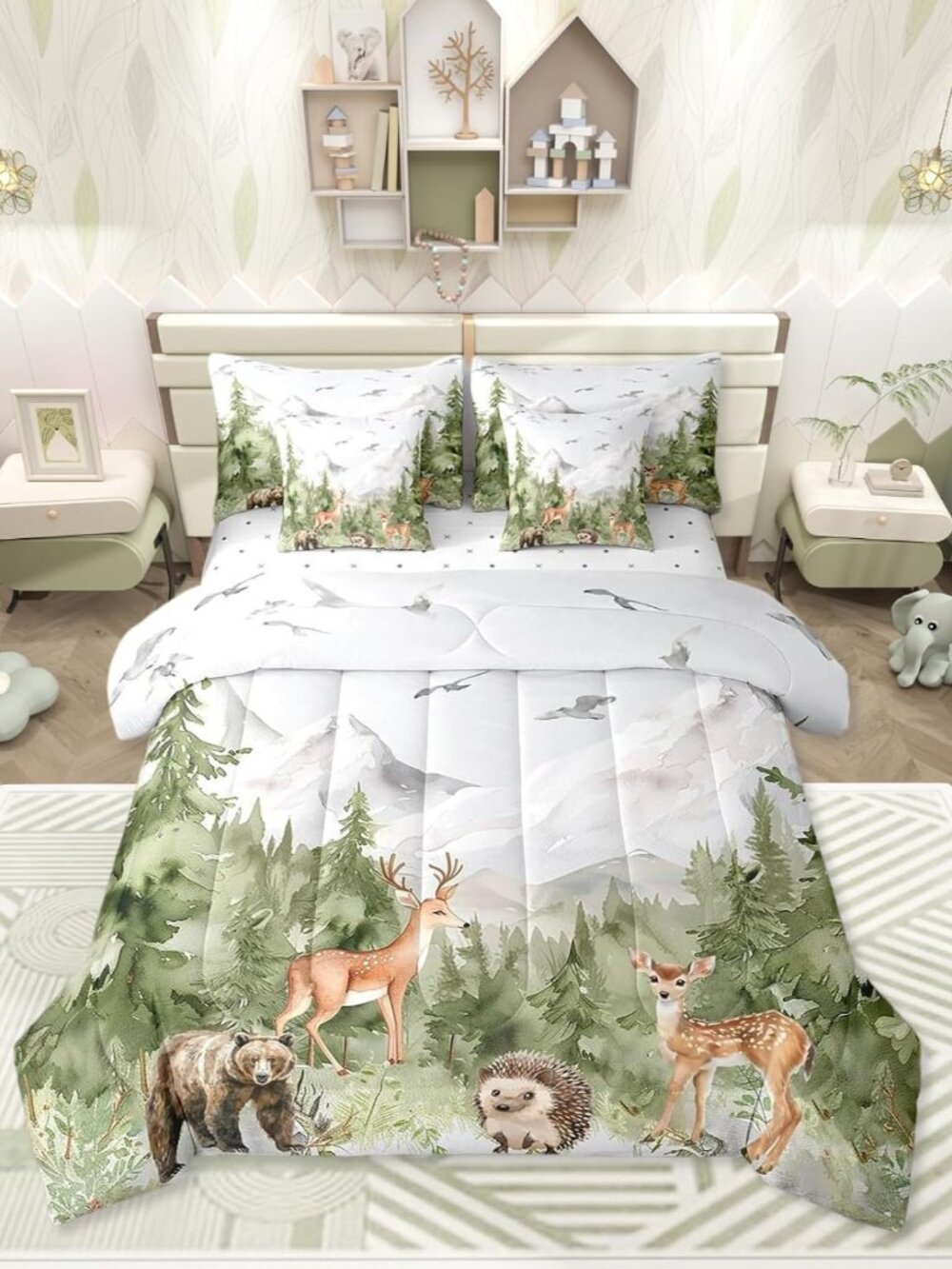 Giant Mountain Forest 7 Piece Comforter Set Twin Woodland Deer Bear Hedgehog Bir